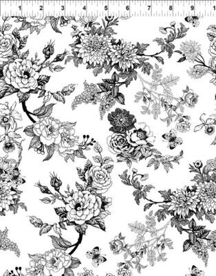 Patchworkstoff , Patchworkstoff , "Toile-Black", Blumen in schwarz" aus der Kollektion Decoupage von Jason Yenter, 21,50 €/m