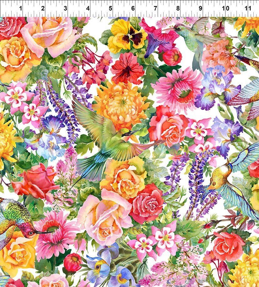 Patchworkstoff , "Allover-Multi", bunte  Blumen und Vögel aus der Kollektion Decoupage  von Jason Yenter, 21,50 €/m*