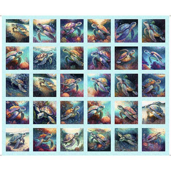 Patchworkstoff Panel 90 cm, "Sea Turtle Small Picture Patch", Endless Blues, Schildkröten, multicolor, 21,11 €/m*