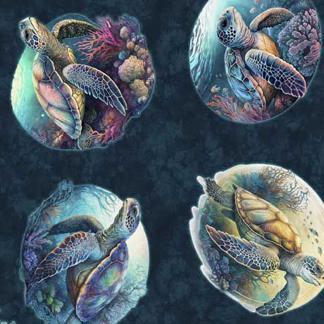 Patchworkstoff, "Sea Turtle Circle Vignette ", Endless Blues, Schildkröten in Kreisen, blau, multicolor, 21,00 €/m*