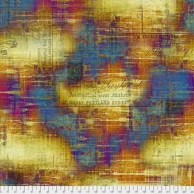 Patchworkstoff Patchworkstoff "Portland Street" mit Patina-Effekt, Schrift, blau, gelb, Tim Holtz, 20,50€/m