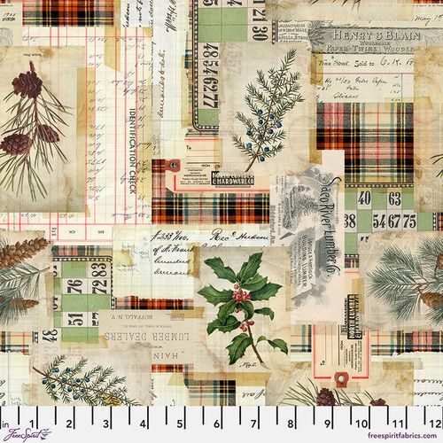 Patchworkstoff "Woodland Collage - Multi" Tannenweige, Ilex, Karomuster, Schrift, beige, grün, rot, Tim Holtz, 21,50€/m