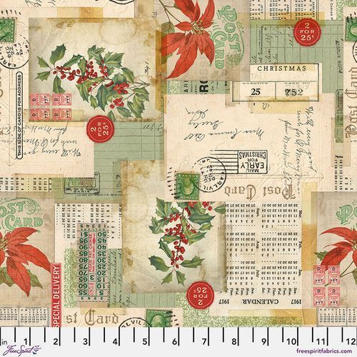 Patchworkstoff "Postcard Collage - Multi" Weihnachtssternen, Ilex, Postkarten, Schrift, beige, grün, rot, Tim Holtz, 21,50€/m
