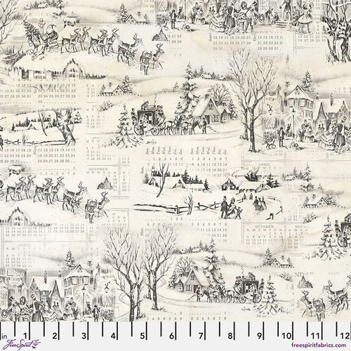 Patchworkstoff "Winter Toile - Multi" Kalender, Winterlandschaft, Rentiere, Häuser, schwarz, weiß, Tim Holtz, 21,50€/m