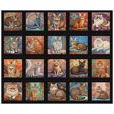90-cm-Patchworkstoff "Cat Picture Patches black", Katzen mit Quilts, schwarz, 21,67 €/m