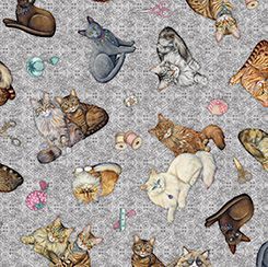 Patchworkstoff "Cat Toss grey", Katzen als Streumotiv, grau, 21,50 €/m