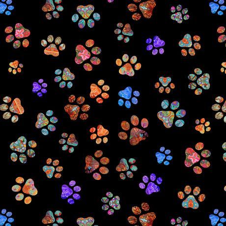 Patchworkstoff "Paw Toss black", bunte Pfotenabdrücke als Streumotiv, schwarz, 21,50 €/m