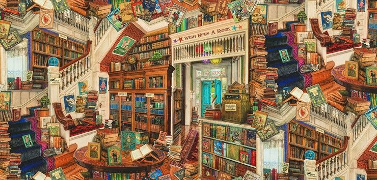 60 cm Panel-Patchworkstoff "Library of Rarities, 24" x 44 "Antique", Märchenbücher, Katze auf Treppen und Raritäten, 21,67 €/m