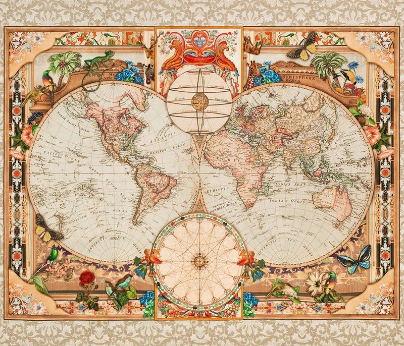 90 cm Panel-Patchworkstoff 90 cm Panel-Patchworkstoff "Library of Rarities, 36" x 44 "Antique", Weltkarte, Tiere, Blumen und Raritäten, 21,67 €/m