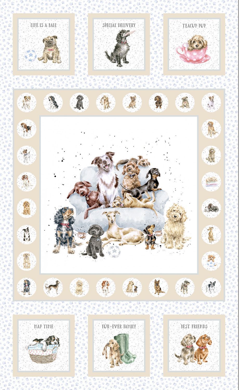 Panel Patchworkstoff "Cream Panel - Dogs" aus der Kollektion Whiskers and Paws, ca. 70 cm 23,57 €/m