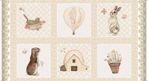 60-cm-Panel Patchworkstoff 60-cm-Panel Patchworkstoff "You Are My Sunshine" 6 Bilder mit Hasen, Vogel, Scheune, Blumen und Heißluftballon, 19,49 €/m