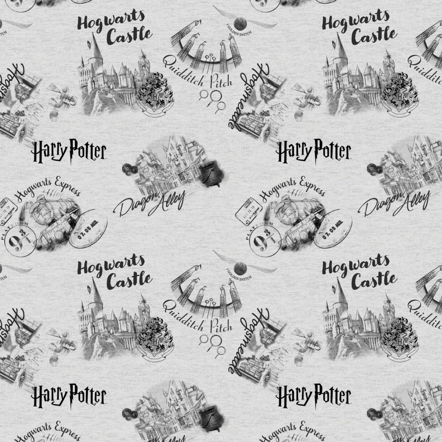 Lizenz-Patchworkstoff "Harry Potter©", Hogwarts, Hogsmeade, Quidditch, schwarz-grau, 20,50 €/m