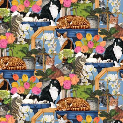 Patchworkstoff Patchworkstoff "Cats by Window" aus der Kollektion Whiskers Among Petals, mit Katzen in Fenstern, 20,50 €/m