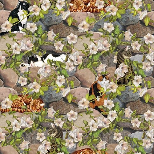 Patchworkstoff "Rock Wall and Cats" aus der Kollektion Whiskers Among Petals, mit Katzen auf Steinen, 20,50 €/m