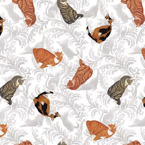 Patchworkstoff "Tossed Cats" aus der Kollektion Whiskers Among Petals, mit Katzen auf eleganten Ornamenten, 20,50 €/m