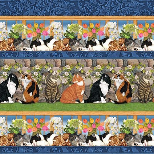 Bordüren-Patchworkstoff "Border Stripe Cats" aus der Kollektion Whiskers Among Petals, mit Katzen im Garten und in Fenstern, 20,50 €/m