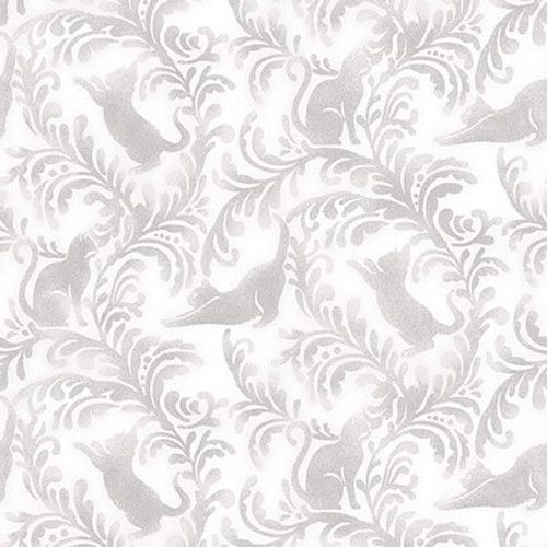 Patchworkstoff "Damask" aus der Kollektion Whiskers Among Petals, mit grauen Katzen auf eleganten Ornamenten, 20,50 €/m