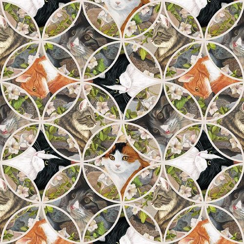 Patchworkstoff Patchworkstoff "Stone" aus der Kollektion Whiskers Among Petals, mit Katzen im Cathedral Window Design, 20,50 €/m