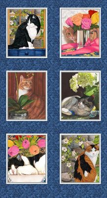 Panel 60 cm Patchworkstoff "Royal Blue" aus der Kollektion Whiskers Among Petals, mit Katzen im Garten und in Fenstern, 20,50 €/m