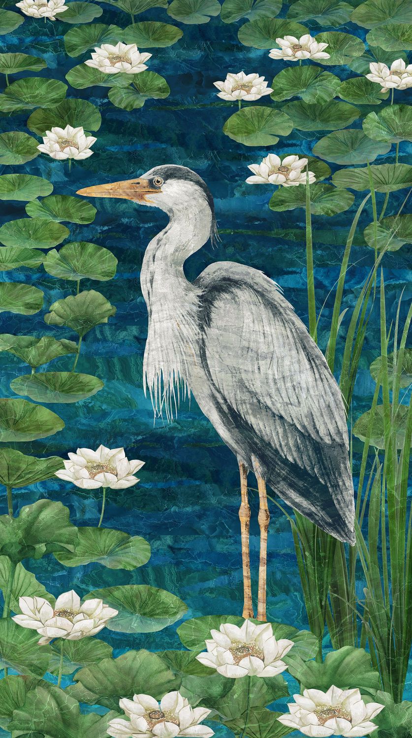 Patchworkstoff Panel 60 cm, "Tranquil Waters Heron Panel", Reiher und Seerosen, multicolor, 22,50 €/m*