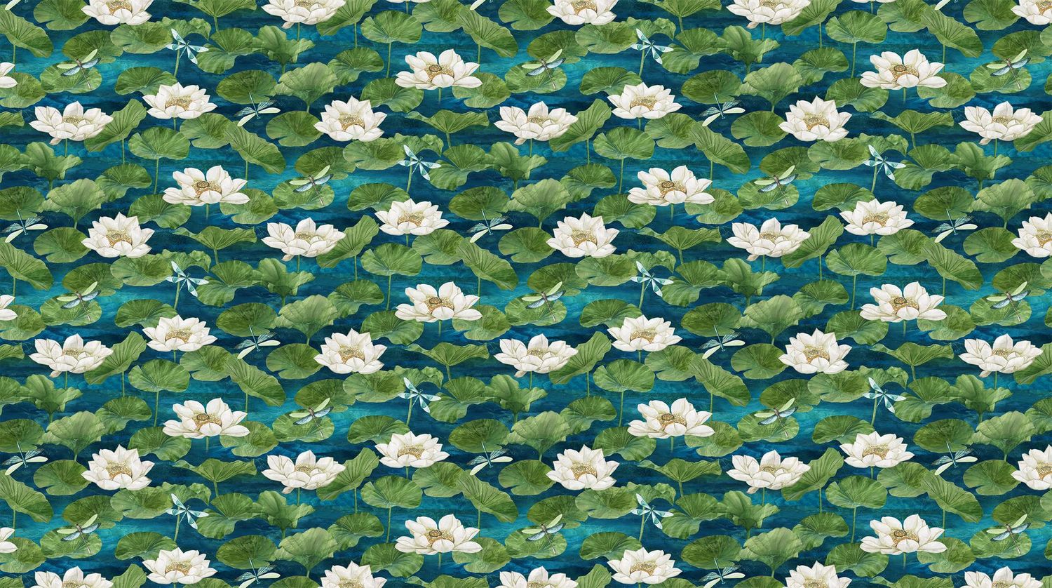 Patchworkstoff, "Tranquil Waters Dragonflies and Water Lillies", Seerosen und Libellen, multicolor, 22,50 €/m*