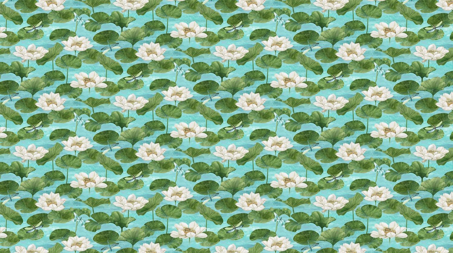 Patchworkstoff, "Tranquil Waters Dragonflies and Water Lillies", Seerosen und Libellen, türkis, 22,50 €/m*
