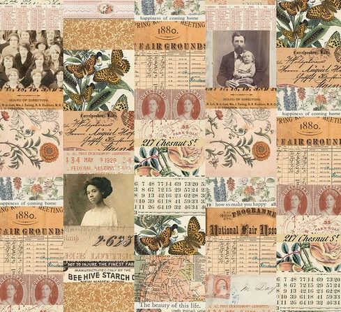 Patchworkstoff "Orange Collage" mit Fotos,  Blumen, Karten, Quittungen und Briefmarken von Tim Holtz , 20,50€/m