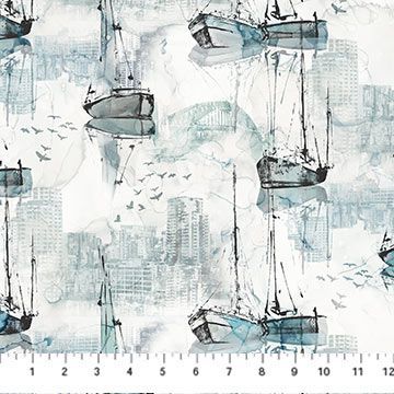 Patchworkstoff , "City Harbor little ships", Boote vor der New Yorker Skyline, 22,50 €/m*