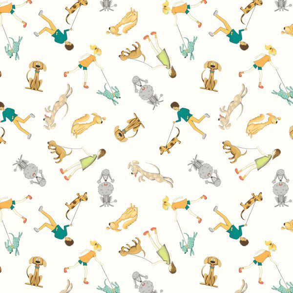 Patchworkstoff "Dog Walkers", Hunde mit Herrchen und Frauchen, weiss, bunt, 21,50/m