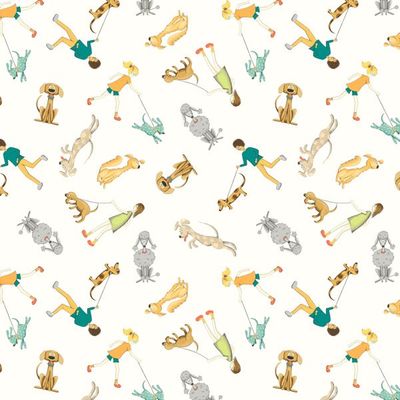 Patchworkstoff Patchworkstoff "Dog Walkers", Hunde mit Herrchen und Frauchen, weiss, bunt, 21,50/m