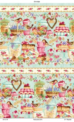 Patchworkstoff Bordüre, Patchworkstoff Bordüre, "Tweets And Treats Border Stripe", Tweets And Treats, Kuchen, Tee, Gebäck, Henry Glass, 20,50 €/m