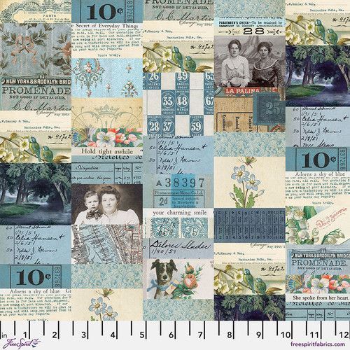 Patchworkstoff Patchworkstoff "Blue Collage" mit Fotos, Blumen, Karten, Quittungen und Briefmarken von Tim Holtz , 20,50€/m