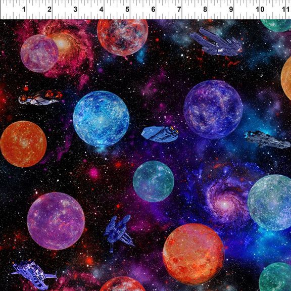 Patchworkstoff , Patchworkstoff , "SCI-FI Planets Multi", Planeten und Raumschiffe von Jason Yenter, 18,00 €/m