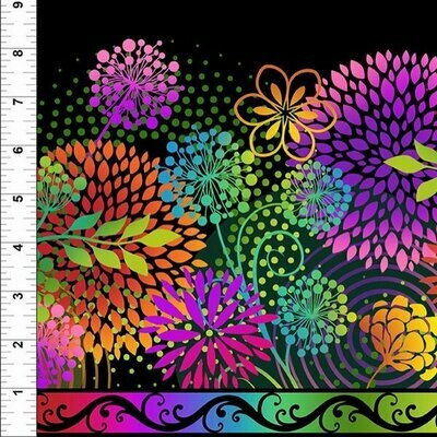 Patchworkstoff Patchworkstoff "Unusual Garden II Border Stripe", große Blumenkreise mit Bordüre, schwarz, Jason Yenter, 19,00 €/m