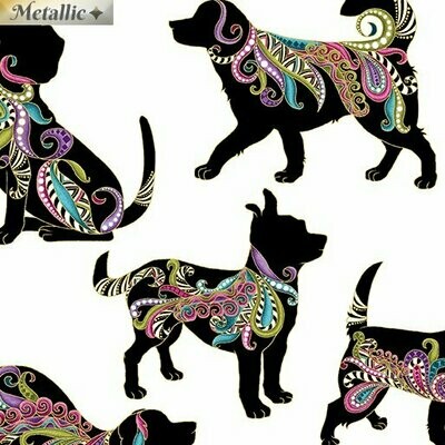 Patchworkstoff Patchworkstoff "Dog On It Hot diggity " mit Metallic-Effekt, Hundesilhouetten, weiß, 14.00€/m