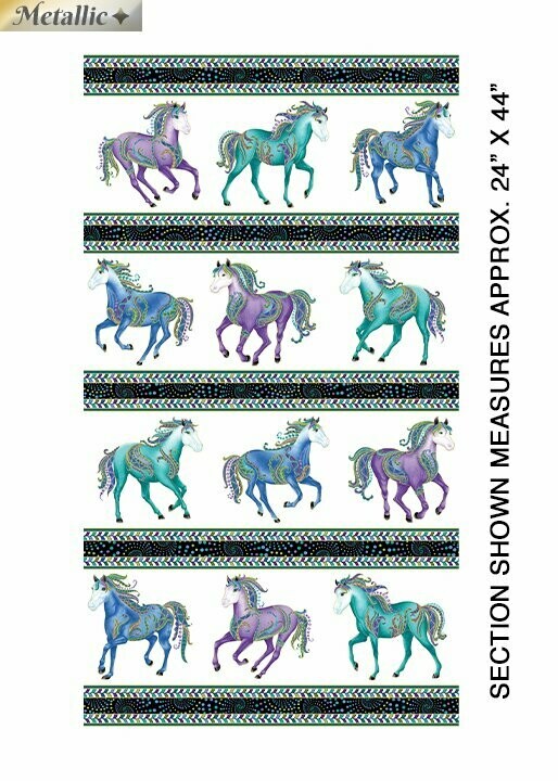 Patchworkstoff "Horsen around Border" mit Metalliceffekt, Bordüre mit Pferden, weiß, Ann Lauer, 14,00 €/m