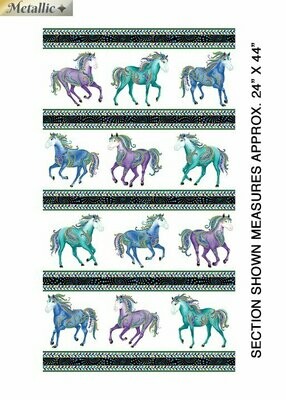 Patchworkstoff "Horsen around Border" mit Metalliceffekt, Bordüre mit Pferden, weiß, Ann Lauer, 14,00 €/m