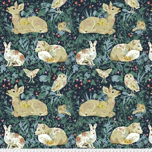 Patchworkstoff Patchworkstoff "Land Art Enchainted Forest", Rehe & Hasen, dunkelgrün, Odile Bailloeul, 20,00 €/m