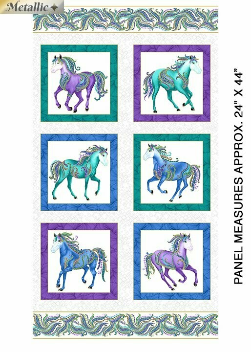 60-cm-Panel Patchworkstoff "Horsen around", Pferde mit Metallic-Effekt, Ann Lauer, weiß*