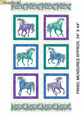 60-cm-Panel Patchworkstoff "Horsen around", Pferde mit Metallic-Effekt, Ann Lauer, weiß*