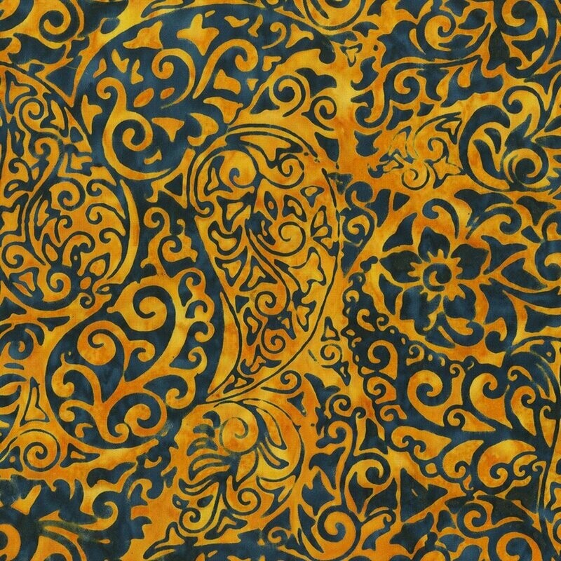 16,00/m, "Anthology Batiks", "Scroll Navy", gelbe Scrolls und Swirls auf dunkelblauem Hintergrund