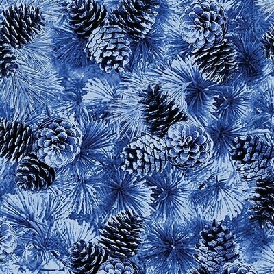 Patchworkstoff Patchworkstoff "Winter's Pearl Pine Cones Cobalt" mit Perlmut-Effekt, Tannenzapfen, dunkelblau, 16,00 €/m*