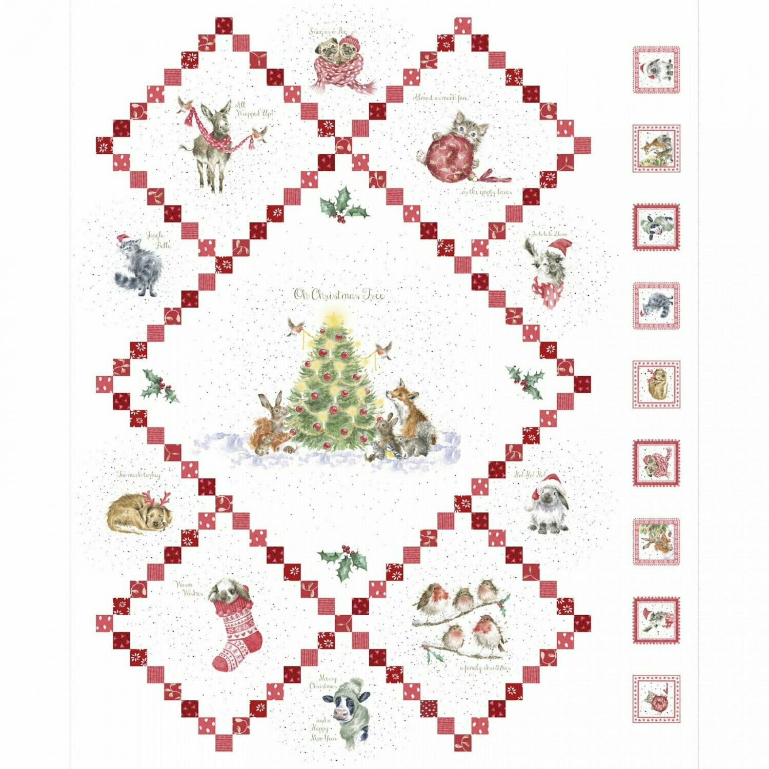 90-cm-Panel Patchworkstoff 90-cm-Panel Patchworkstoff "Warm Wishes", Weihnachtsbaum mit Hund, Katze und Hase, weiß, 18,33 €/m