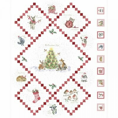 90-cm-Panel Patchworkstoff "Warm Wishes", Weihnachtsbaum mit Hund, Katze und Hase, weiß, 18,33 €/m