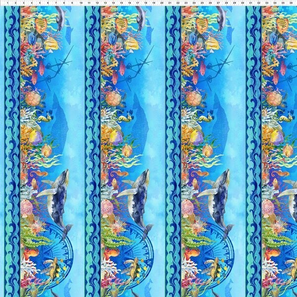Patchworkstoff Patchworkstoff "Calypso I Border" mit Unterwasserwelt-Bordüre, Wale & Fische, blau, Jason Yenter, 19,80€/m*