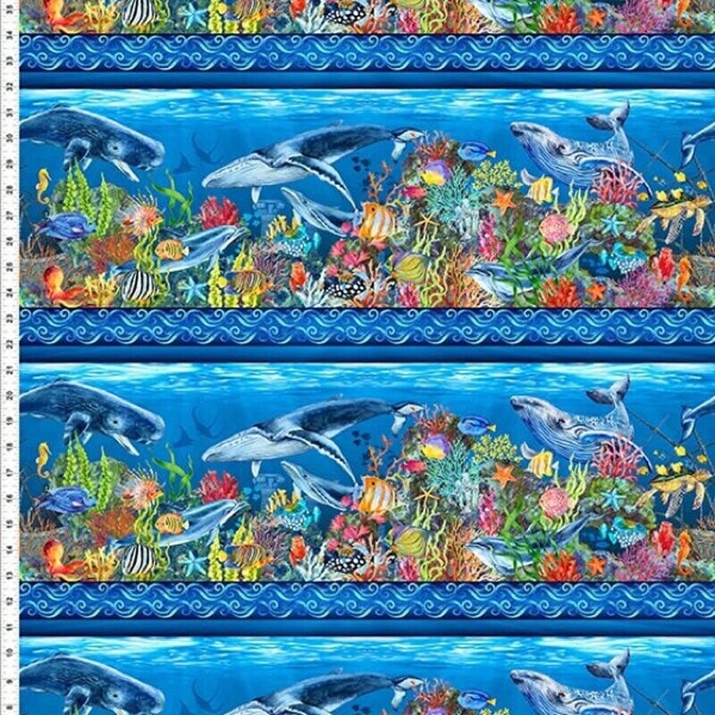 Bordüren-Patchworkstoff Bordüren-Patchworkstoff "Calypso II Seabed", Unterwasserwelt mit Fischen, Walen, Korallen, multicolor, Jason Yenter, 19,80 €/m*
