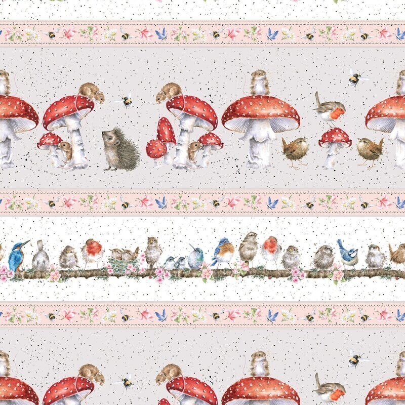 Bordüren-Patchworkstoff "Bramble Patch", Pilze & Vögel, hellrosa-hellgrau, 19,80 €/m*