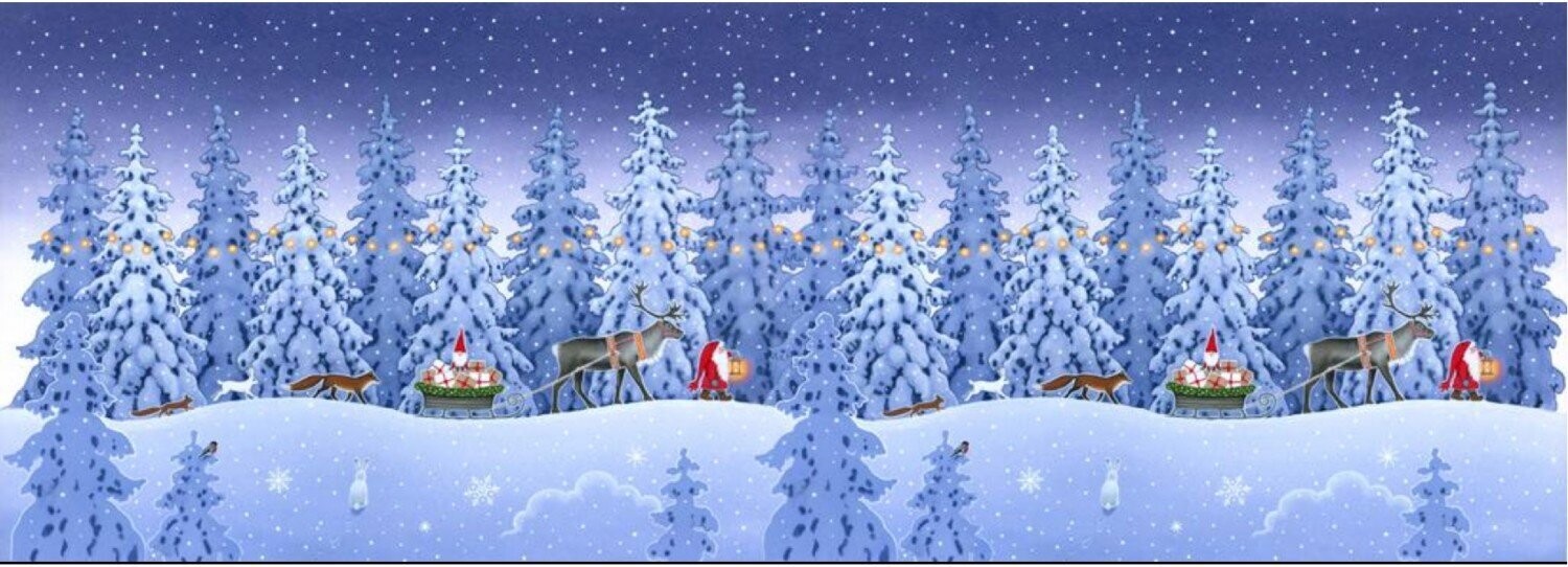 Patchworkstoff Bordüre in Überbreite Wichtel im Wald mit Rentieren, "Keep believing" von Lewis & Irene, 23,80 €/m