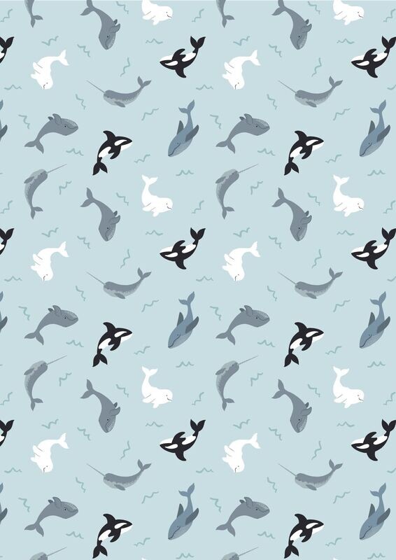 Patchworkstoff Patchworkstoff "Whales on icy blue with pearl", Wale, Orkas & Delfine, eisblau mit Perlschimmer von Lewis & Irene, 19,80 €/m