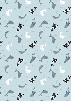 Patchworkstoff  "Whales on icy blue with pearl", Wale, Orkas & Delfine, eisblau mit Perlschimmer von Lewis & Irene, 19,80 €/m